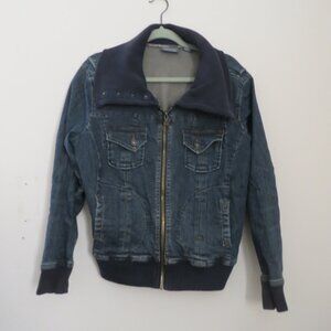 Motto Women's Jacket Denim XL Blue Ribbed Hem Zipper Closure Wide Rocker Retro